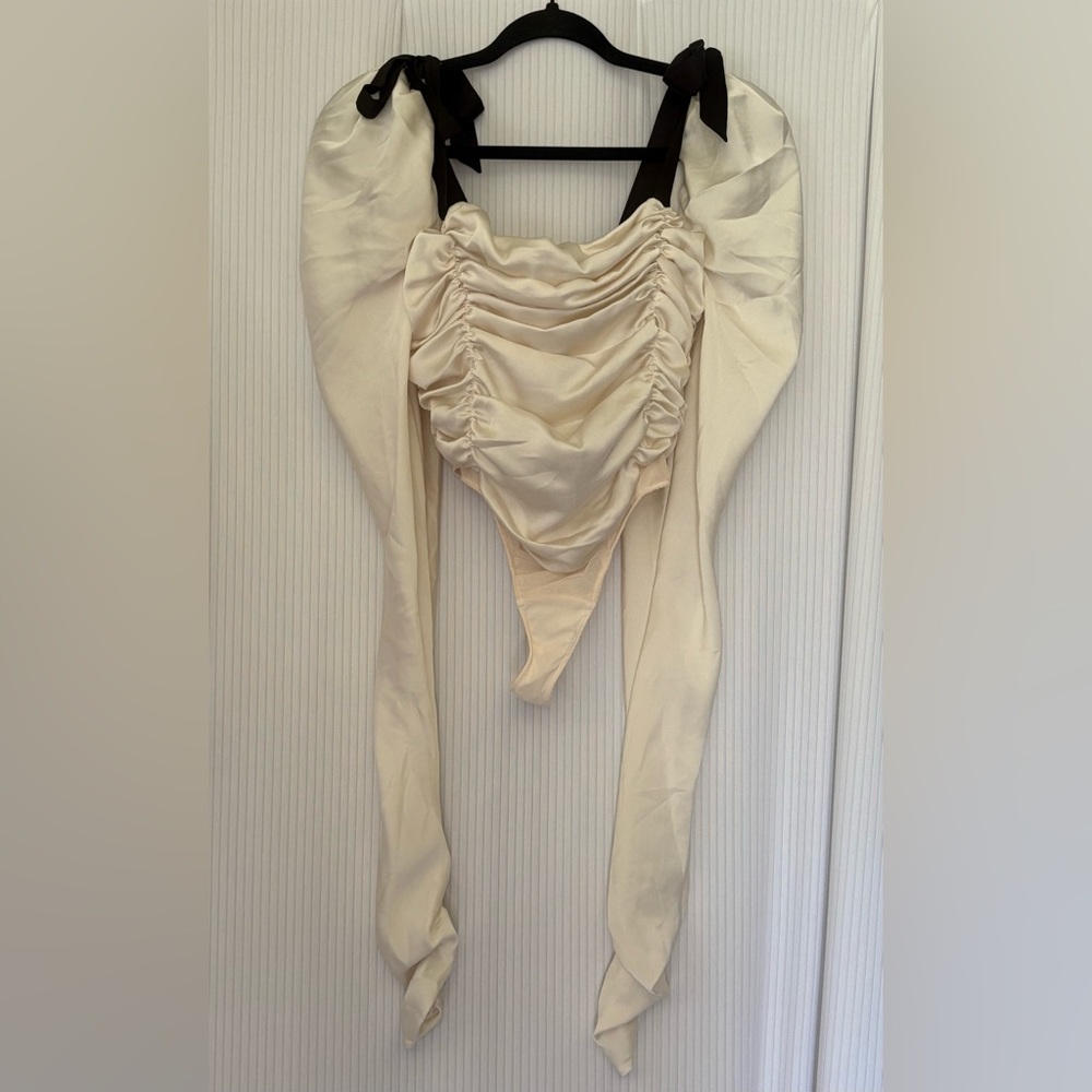 House of CB Bodysuit Rouged Body Boning Puff Sleeve Thong Zipper Back Cream XS